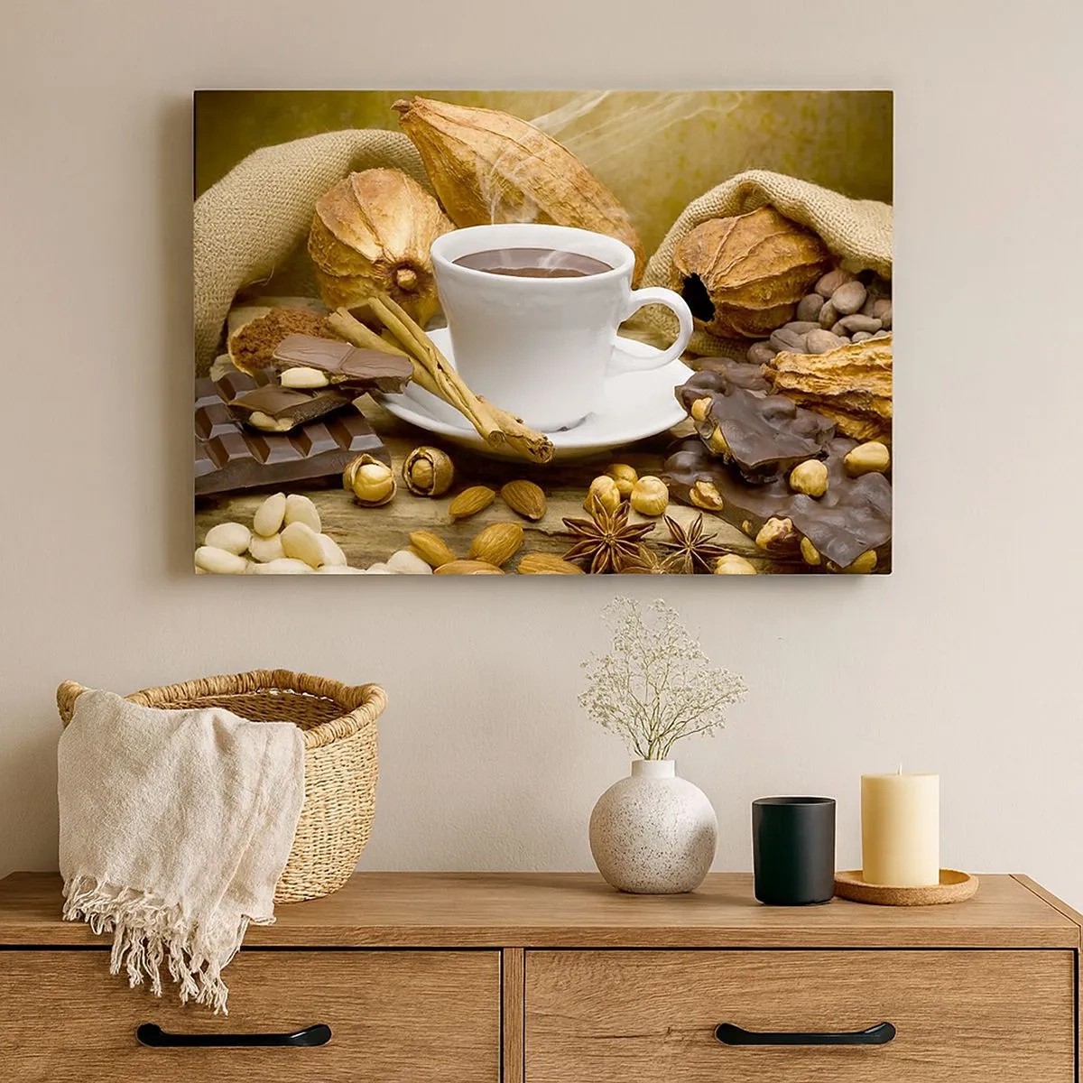 Quadro su tela - Stampe su Tela - Una tazza di cioccolata calda circondata da cacao e cannella - 70x50cm - Per i cercatori di emozioni - Decorazione murale moderna per soggiorno e camera da letto ARTTOR