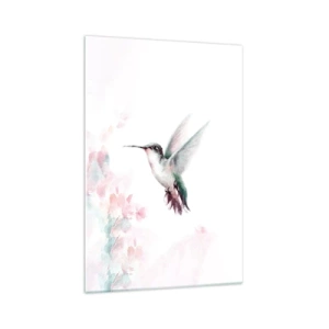 Quadro su vetro - Un colibrì dai delicati colori pastello su uno sfondo di fiori - 70x100cm - Battito immobile - Decorazione murale moderna per soggiorno e camera da letto ARTTOR