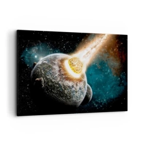 Quadro su tela - Stampe su Tela - Collisione cosmica di un pianeta con un asteroide nelle vicinanze della galassia. - 120x80cm - Estinzione o nascita? - Decorazione murale moderna per soggiorno e camera da letto ARTTOR