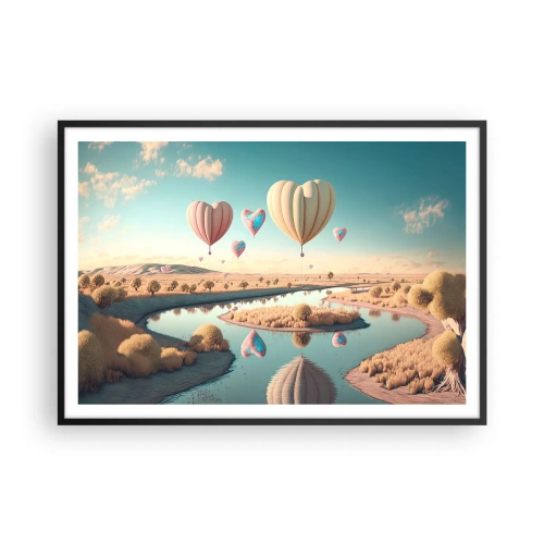 Poster in cornice nera - Palloncini a forma di cuore che fluttuano sopra il paesaggio - 100x70cm - L'amore permette di volare - Decorazione murale moderna per soggiorno e camera da letto ARTTOR