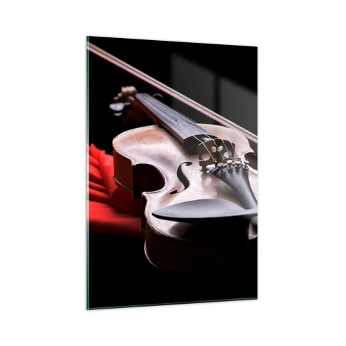 Quadro su vetro - Violino su tessuto rosso su sfondo nero - 50x70cm - La musica dei sentimenti - Decorazione murale moderna per soggiorno e camera da letto ARTTOR
