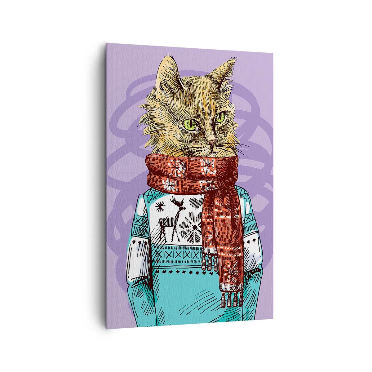 Quadro su tela - Stampe su Tela - Un gatto con un maglione e una sciarpa su uno sfondo viola - 80x120cm - Un gatto non solo con gli stivali - Decorazione murale moderna per soggiorno e camera da letto ARTTOR