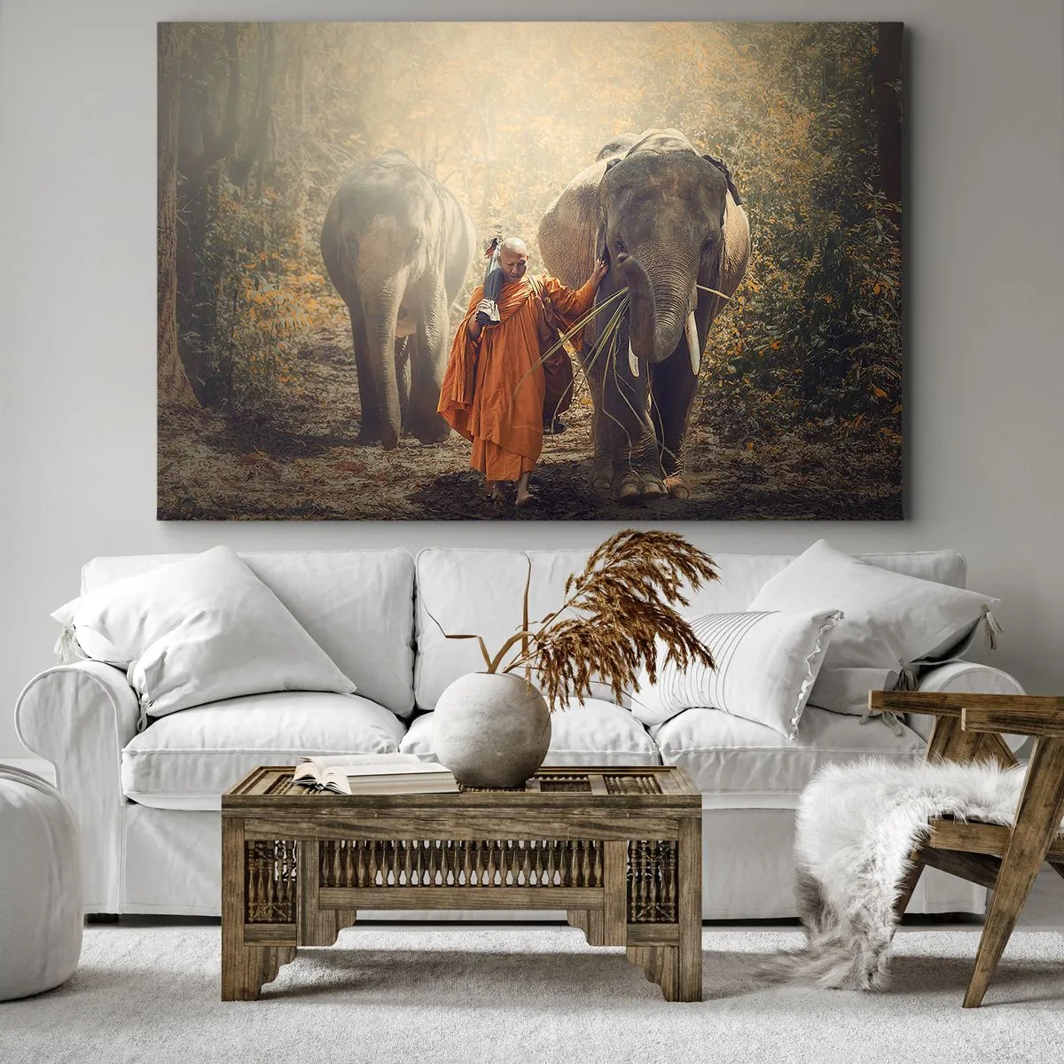 Quadro su tela - Stampe su Tela - Un monaco con una tunica arancione guida un elefante nella foresta. - 70x50cm - Comprensione perfetta - Decorazione murale moderna per soggiorno e camera da letto ARTTOR