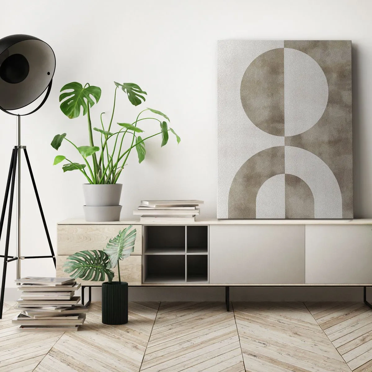 Quadro su tela - Stampe su Tela - Un dipinto astratto nei toni del beige con forme geometriche e simmetria. - 50x70cm - Analogie e differenze - Decorazione murale moderna per soggiorno e camera da letto ARTTOR