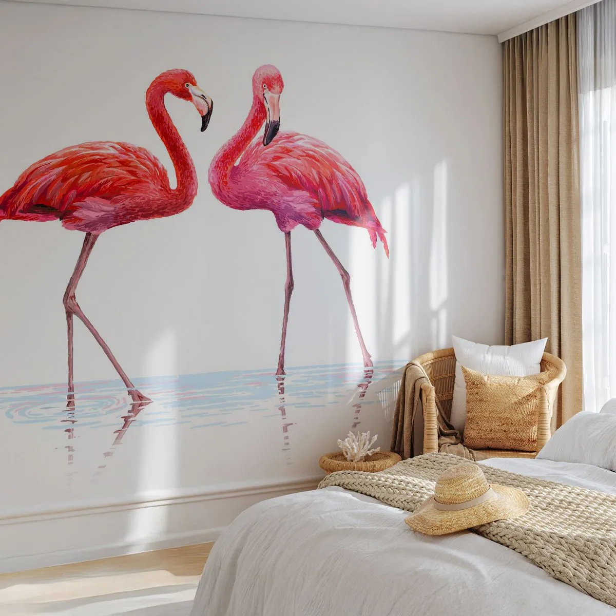 Fotomurali Premium Sand - Due fenicotteri rosa in piedi nell'acqua - 100x70cm - Appuntamento in rosa - Decorazione murale moderna per soggiorno e camera da letto ARTTOR