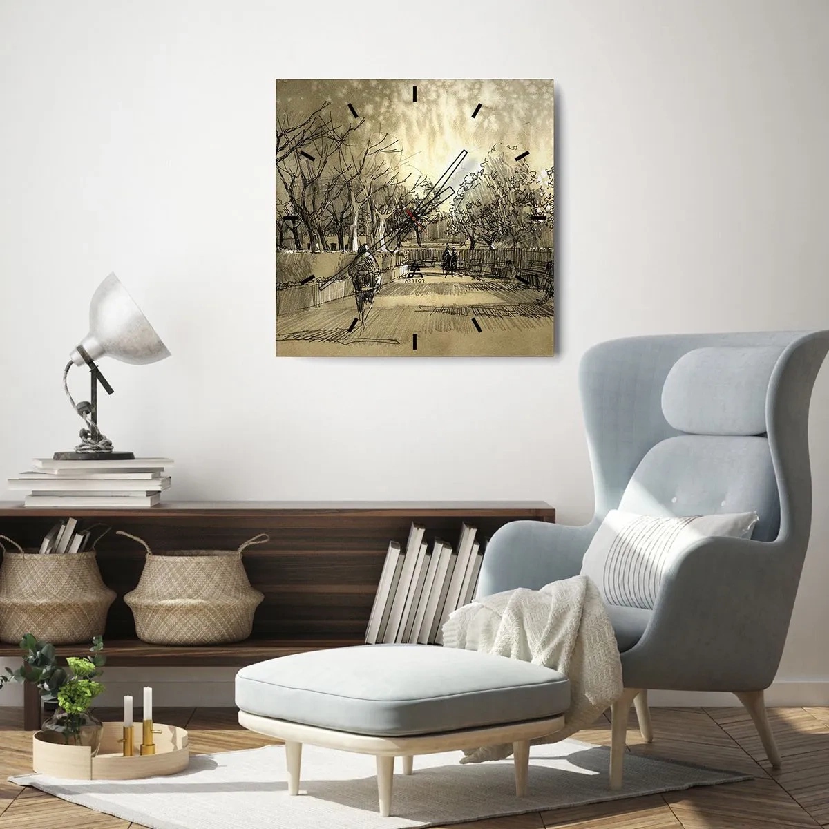 Orologio da parete - Orologio in Vetro - Una scena di cartone animato di un parco con persone che camminano in toni caldi. - 30x30cm - Attimo fermato con la penna - Decorazione murale moderna per soggiorno e camera da letto ARTTOR