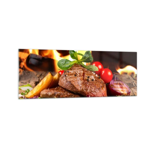 Quadro su vetro - Bistecca alla griglia con contorni sullo sfondo delle fiamme - 140x50cm - Incantate dal fuoco - Decorazione murale moderna per soggiorno e camera da letto ARTTOR