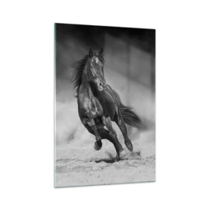 Quadro su vetro - Un cavallo bianco e nero che galoppa sulla sabbia - 70x100cm - Degno dell'emiro - Decorazione murale moderna per soggiorno e camera da letto ARTTOR