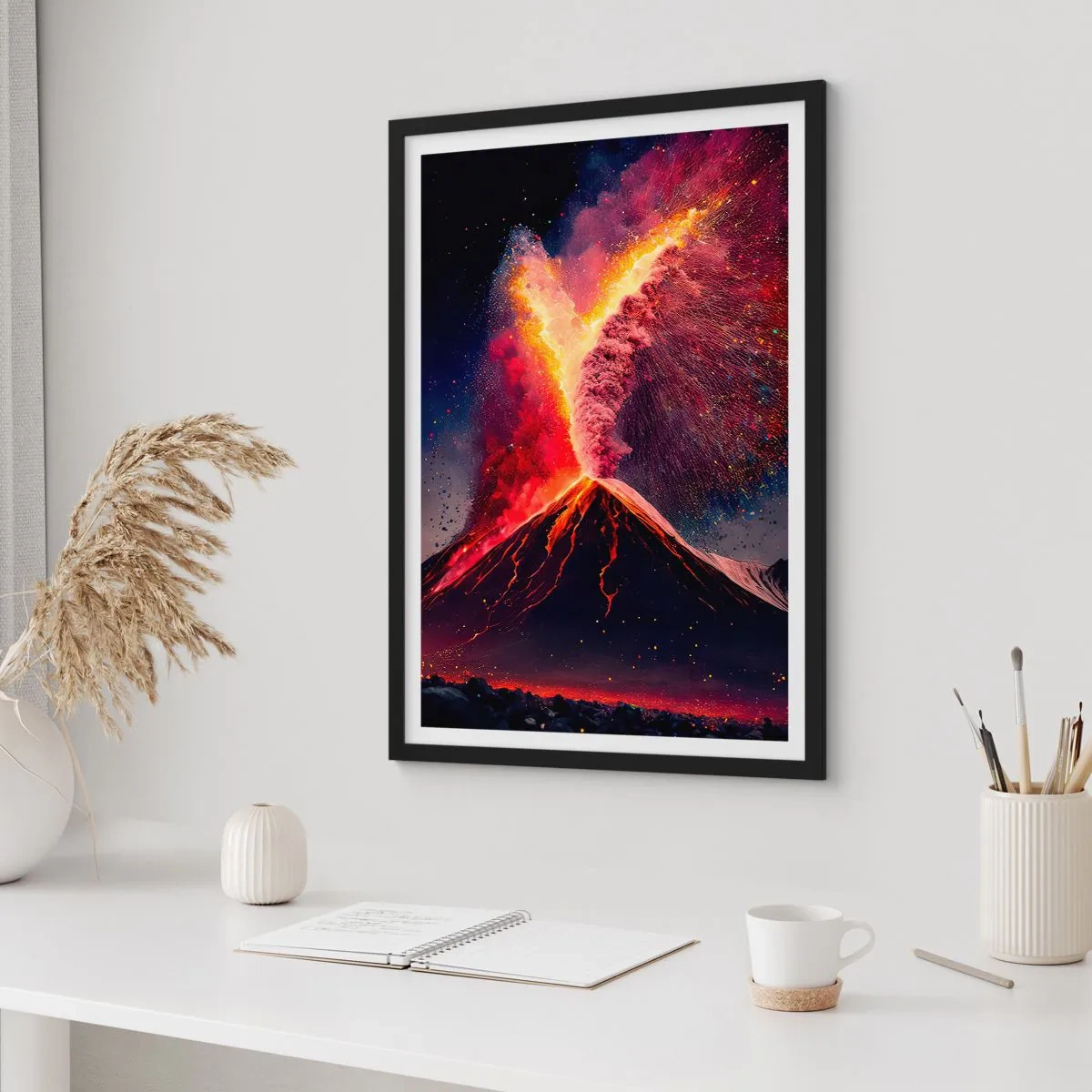 Poster in cornice nera - Un vulcano in eruzione in un paesaggio notturno - 50x70cm - Bellezza e minaccia - Decorazione murale moderna per soggiorno e camera da letto ARTTOR