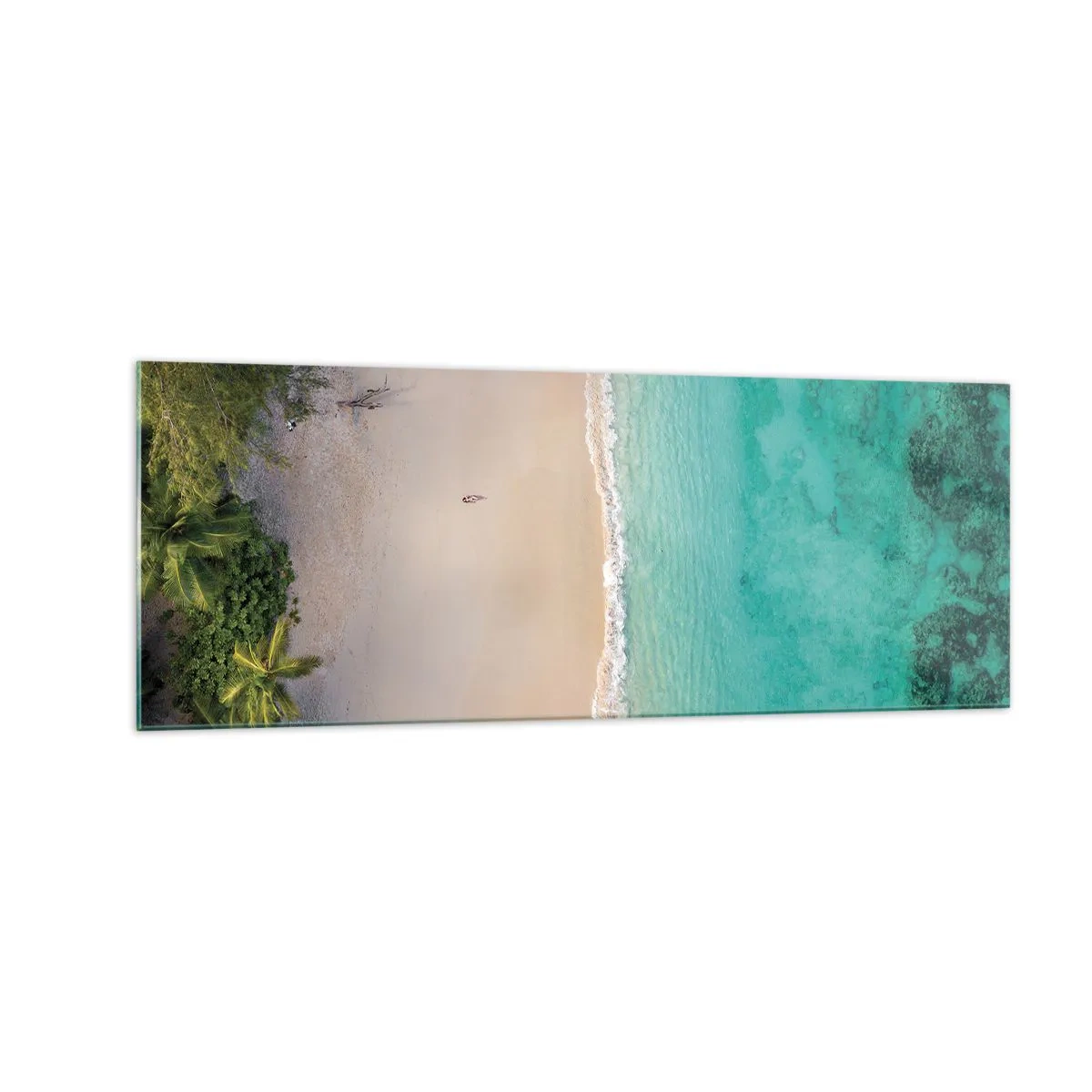 Quadro su vetro - Vista aerea di una spiaggia tropicale con acqua turchese - 140x50cm - Spiaggia del paradiso - Decorazione murale moderna per soggiorno e camera da letto ARTTOR