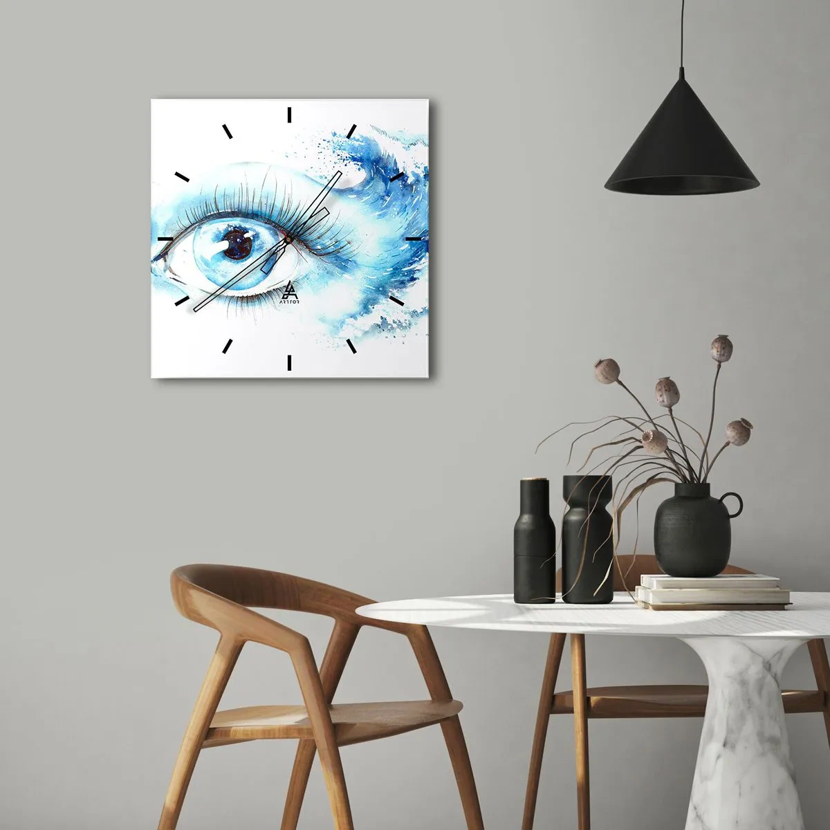 Orologio da parete - Orologio in Vetro - Acquerello artistico di un occhio con un'onda dinamica - 30x30cm - Immergersi nell'azzurro dello sguardo - Decorazione murale moderna per soggiorno e camera da letto ARTTOR