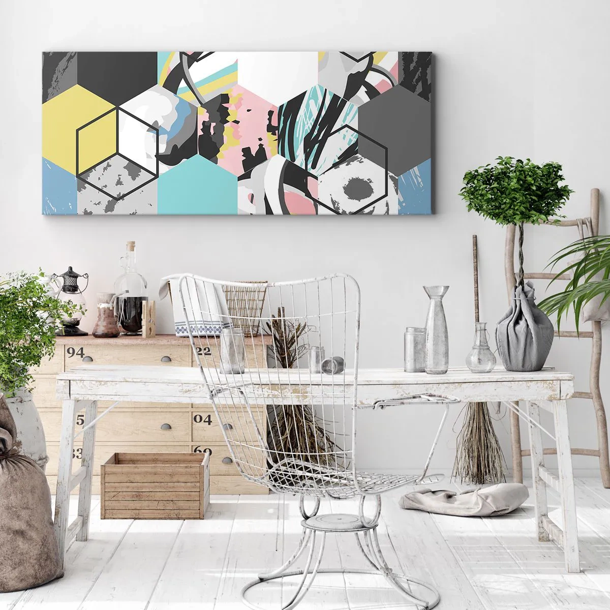 Quadro su tela - Stampe su Tela - Esagoni e cubi in sei tonalità - 100x40 cm