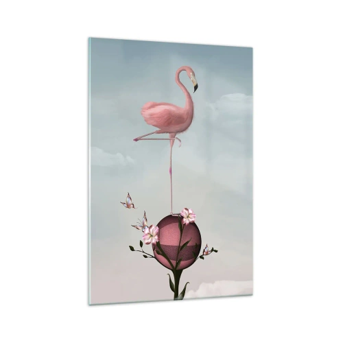 Quadro su vetro - Un fenicottero rosa in equilibrio su una palla di fiori - 70x100cm - Allegoria della palla da basket - Decorazione murale moderna per soggiorno e camera da letto ARTTOR
