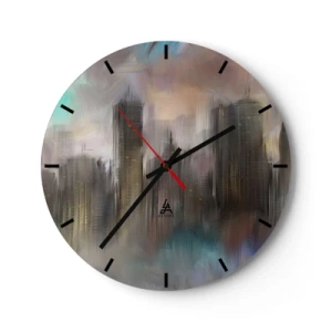 Orologio da parete - Orologio in Vetro - Un'immagine astratta di una città con grattacieli in un ambiente nebbioso. - 30x30cm - Composizione con acciaio, pietra e nebbia - Decorazione murale moderna per soggiorno, cucina e camera da letto ARTTOR