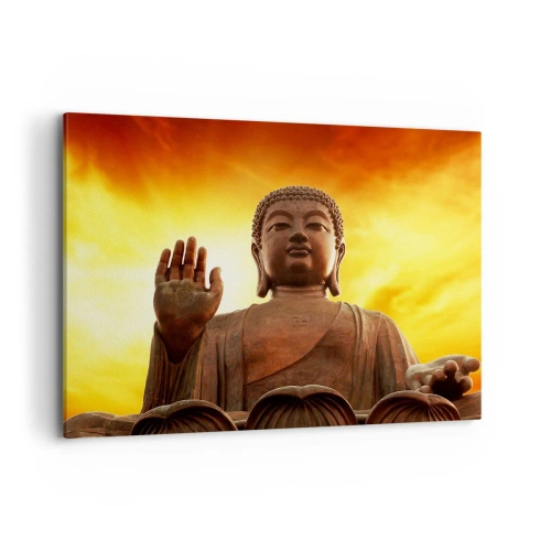 Quadro su tela - Stampe su Tela - Una statua del Buddha contro un cielo dorato al tramonto - 100x70cm - La pace del mondo - Decorazione murale moderna per soggiorno e camera da letto ARTTOR