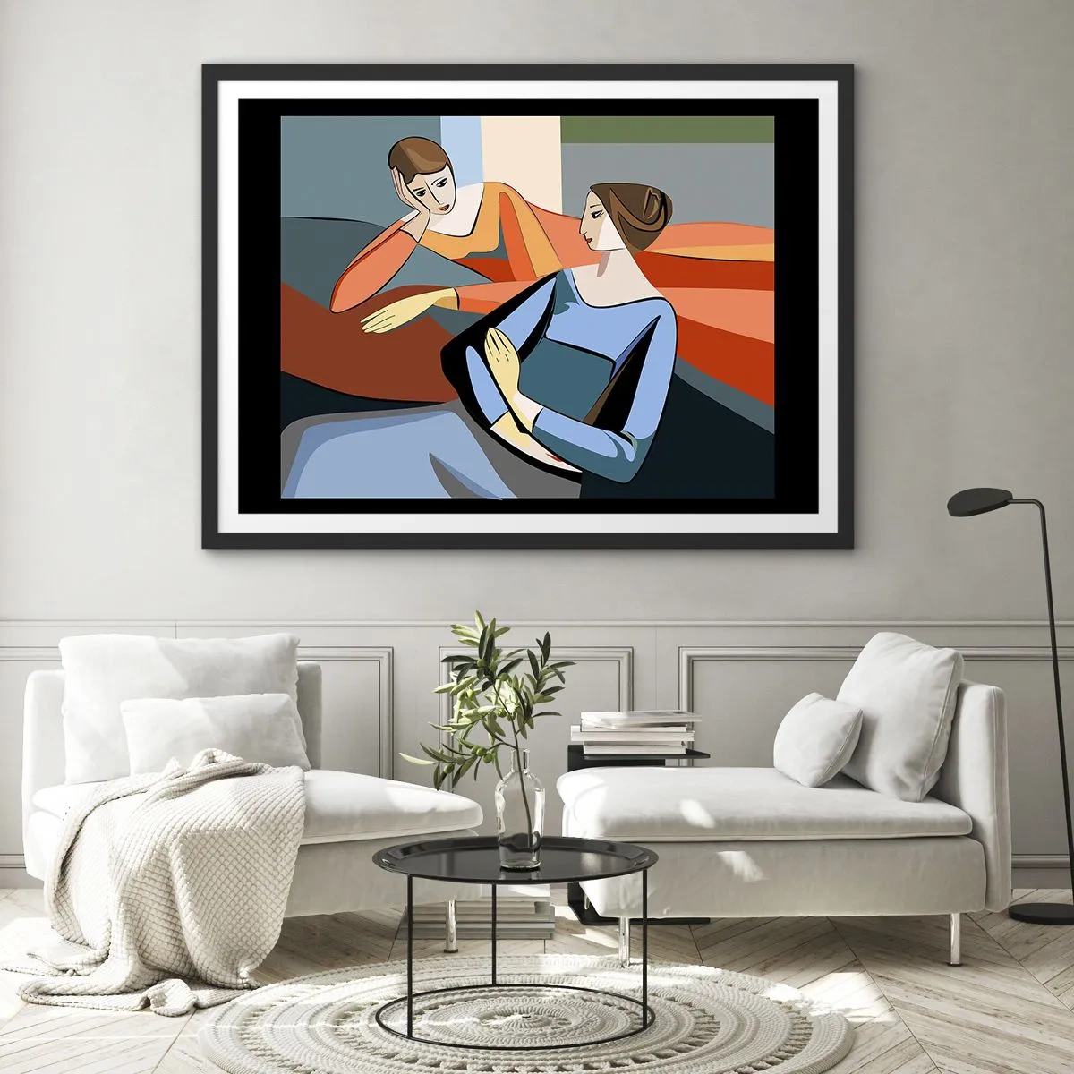 Poster in cornice nera - Illustrazione astratta di due donne in stile cubista - 70x50cm - Il momento delle confidenze - Decorazione murale moderna per soggiorno e camera da letto ARTTOR