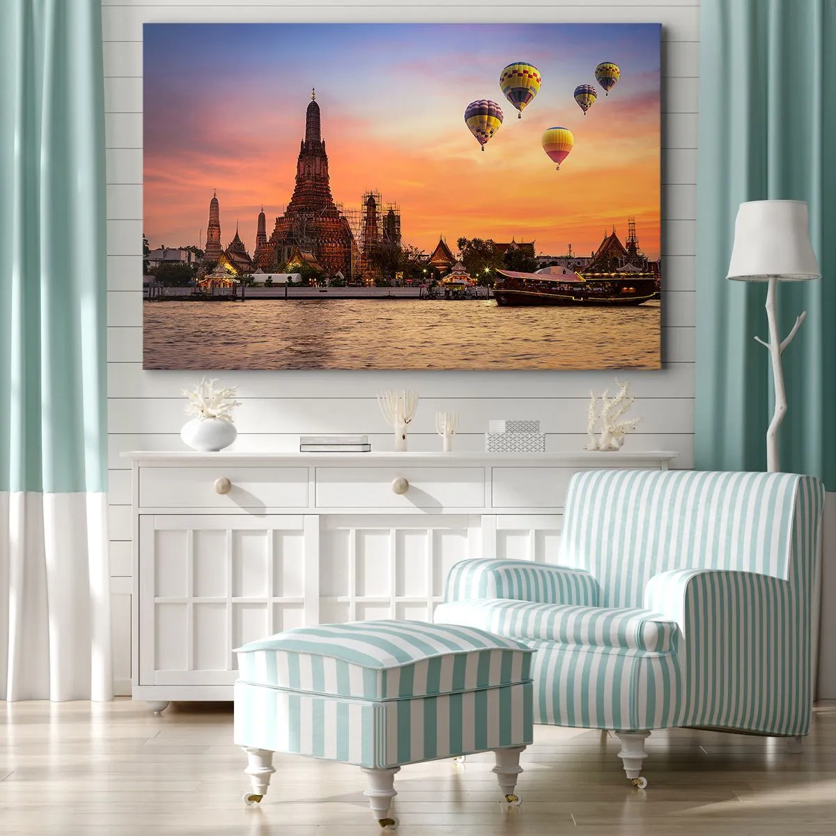 Quadro su tela - Stampe su Tela - Un tempio e palloncini sullo sfondo del sole al tramonto sul fiume - 120x80cm - Qui nascono le favole - Decorazione murale moderna per soggiorno e camera da letto ARTTOR
