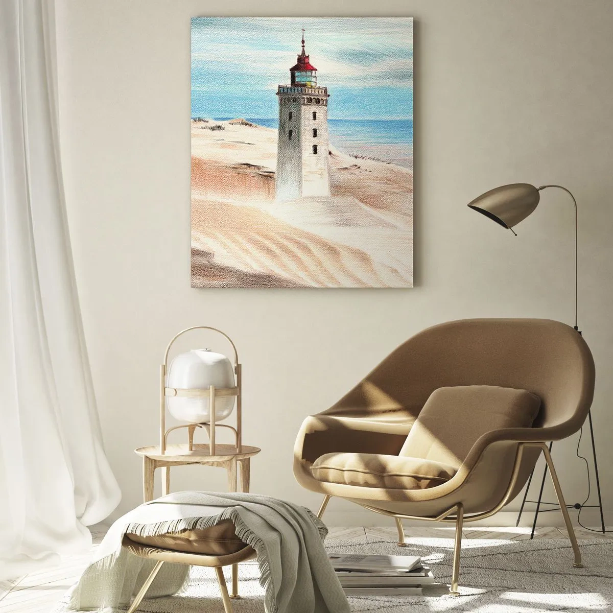 Quadro su vetro - Un faro su una duna del deserto vicino a un mare calmo - 50x70cm - Sempre guardando il mare - Decorazione murale moderna per soggiorno e camera da letto ARTTOR