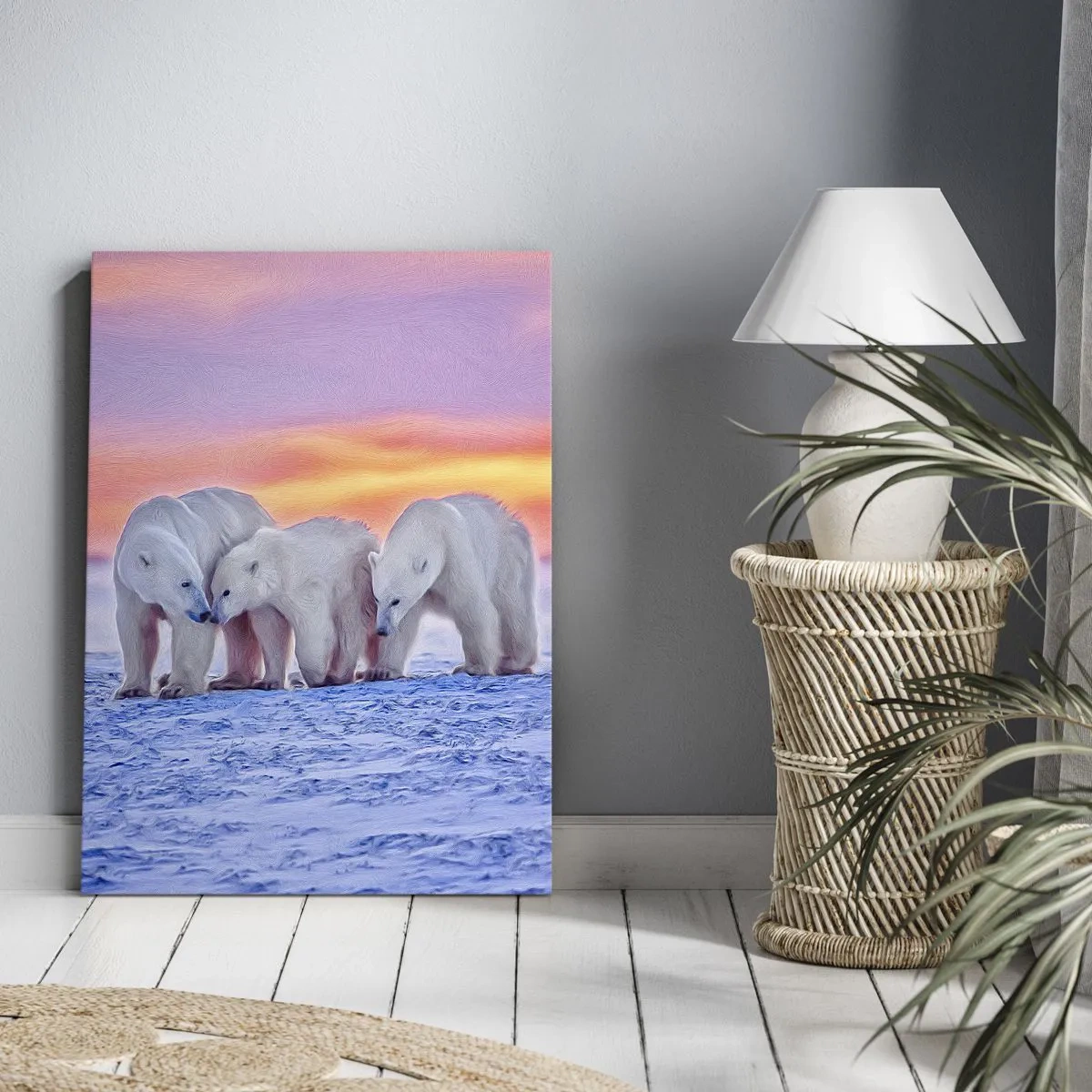 Quadro su tela - Stampe su Tela - Tre orsi polari sullo sfondo di un tramonto artico - 80x120cm - Basta il calore della famiglia - Decorazione murale moderna per soggiorno e camera da letto ARTTOR