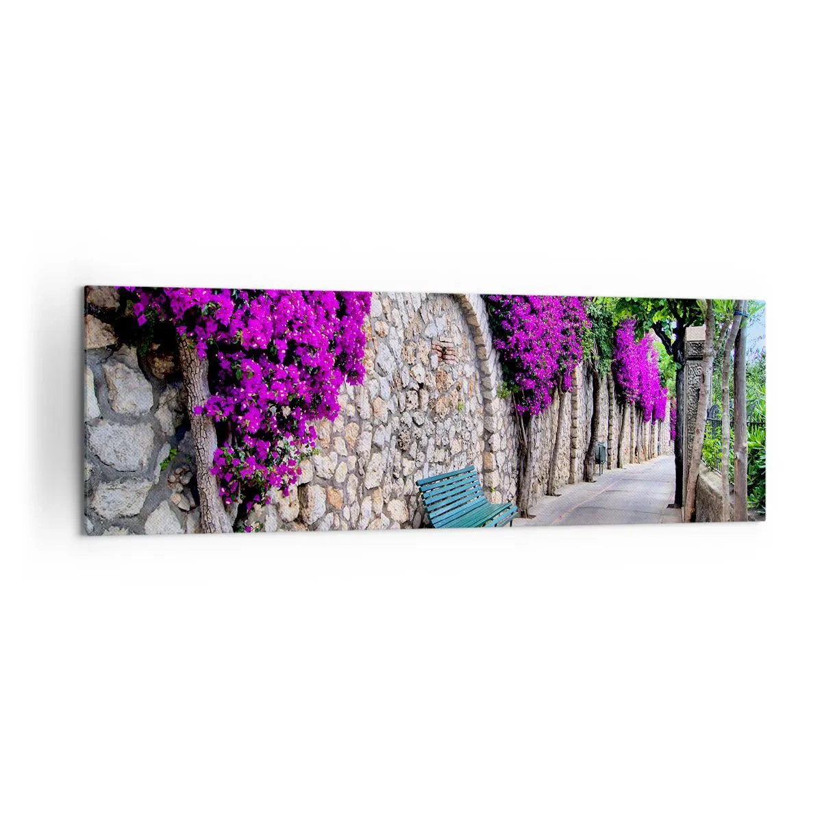 Quadro su tela - Stampe su Tela - Un sentiero in pietra con una panchina e fiori viola in fiore - 160x50cm - Incontriamoci al più presto - Decorazione murale moderna per soggiorno e camera da letto ARTTOR