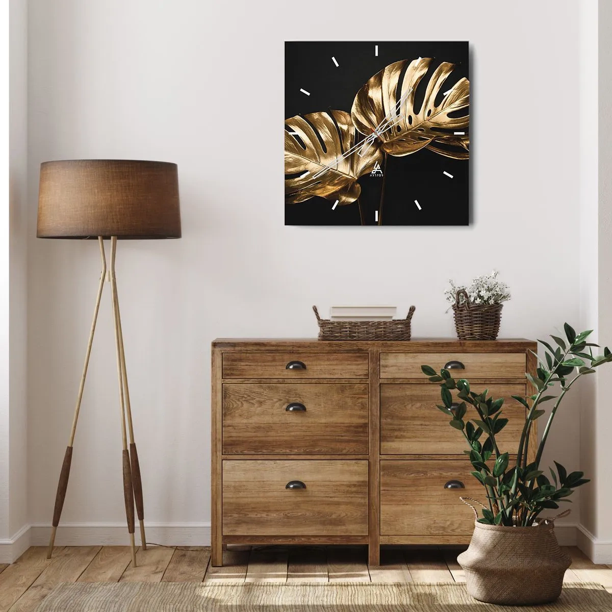 Orologio da parete - Orologio in Vetro - Foglie di monstera dorate su sfondo nero - 30x30cm - I tesori della natura - Decorazione murale moderna per soggiorno e camera da letto ARTTOR