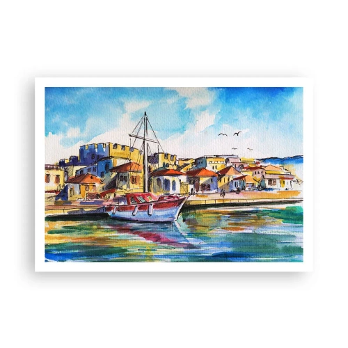 Poster - Un pittoresco porto con una barca e edifici colorati - 100x70cm - Un colorato pomeriggio - Decorazione murale moderna per soggiorno e camera da letto ARTTOR