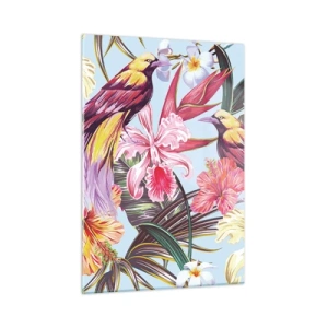Quadro su vetro - Uccelli e fiori esotici su uno sfondo chiaro - 50x70cm - Petali e piume - Decorazione murale moderna per soggiorno e camera da letto ARTTOR