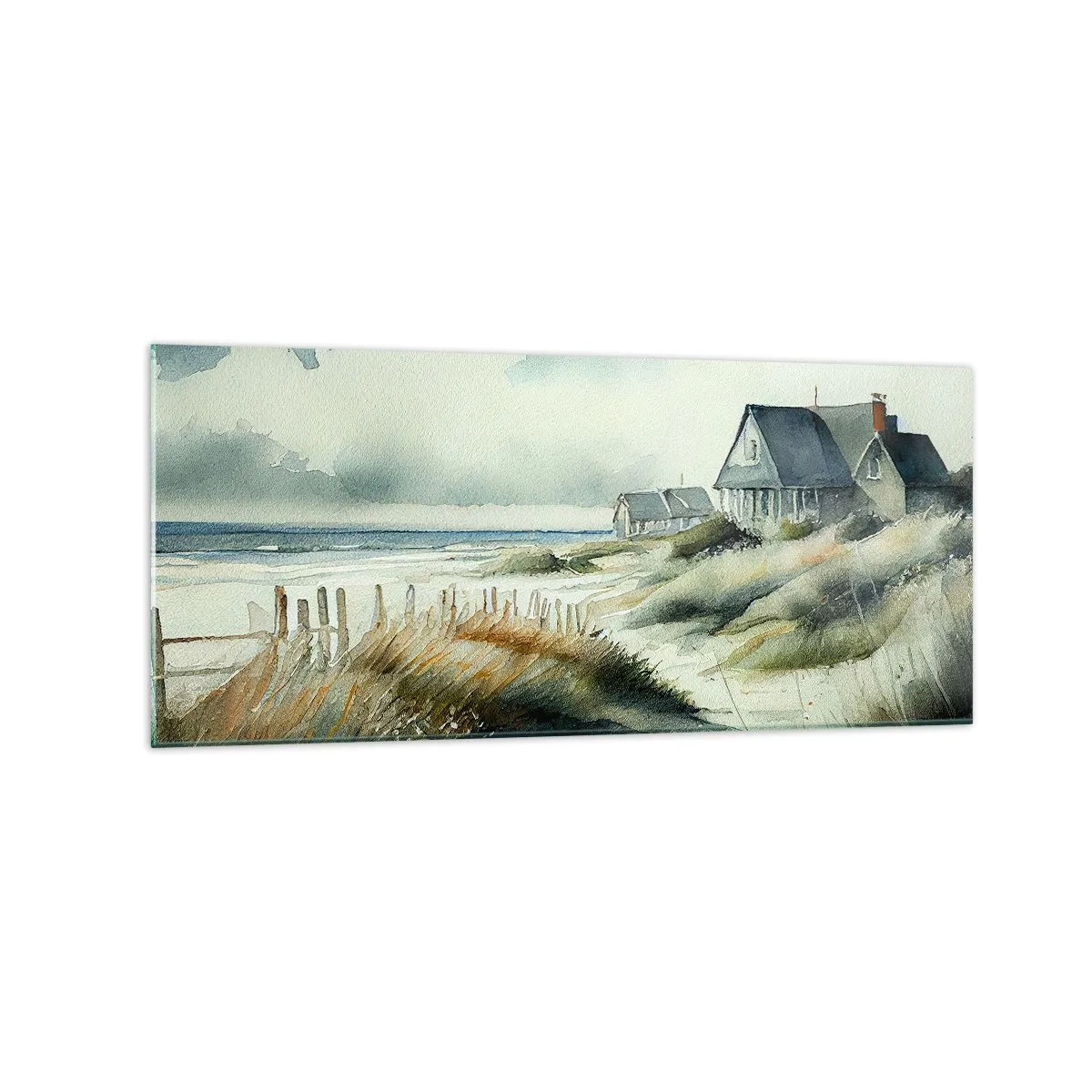 Quadro su vetro - Una casa al mare circondata dal prato e con vista sul mare - 120x50cm - Lontano dal caos - Decorazione murale moderna per soggiorno e camera da letto ARTTOR