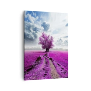 Quadro su tela - Stampe su Tela - Un albero solitario in un campo in una tonalità di rosa intenso - 50x70cm - Brughiera selvatica - Decorazione murale moderna per soggiorno e camera da letto ARTTOR