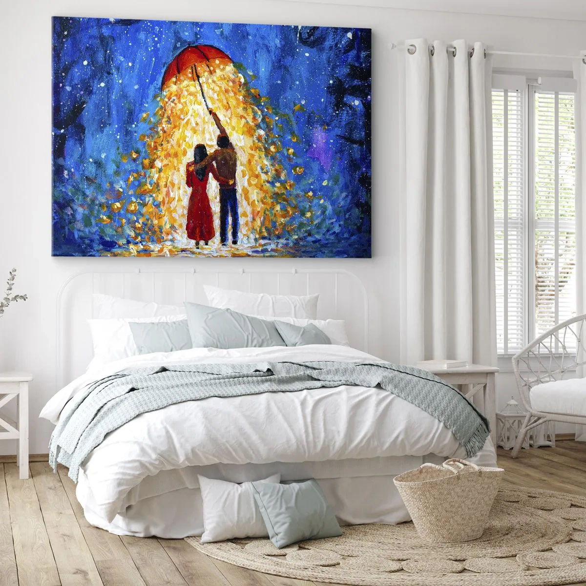 Quadro su tela - Stampe su Tela - Una coppia sotto un ombrello rosso sotto la pioggia luminosa - 100x70cm - La magia di una sera piovosa? - Decorazione murale moderna per soggiorno e camera da letto ARTTOR