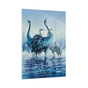 Quadro su vetro - Uccelli che guadano nell'acqua blu - 50x70cm - Incontro mattutino - Decorazione murale moderna per soggiorno e camera da letto ARTTOR
