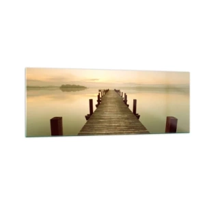 Quadro su vetro - Un molo di legno su un lago calmo al mattino - 140x50cm - Aurora, alba, luce - Decorazione murale moderna per soggiorno e camera da letto ARTTOR