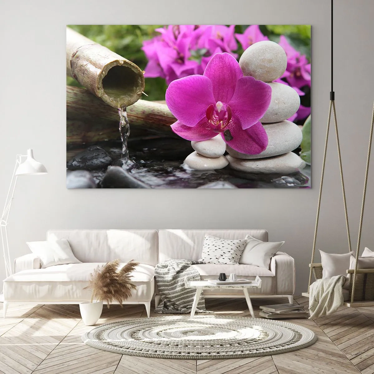 Quadro su vetro - Orchidea viola, pietre e cascata di bambù - 100x70cm - E già ti riposi - Decorazione murale moderna per soggiorno e camera da letto ARTTOR