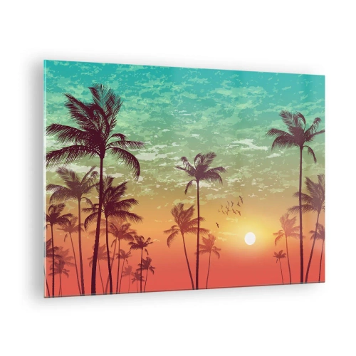 Quadro su vetro - Illustrazione di palme al tramonto - 70x50cm - Climi tropicali - Decorazione murale moderna per soggiorno e camera da letto ARTTOR