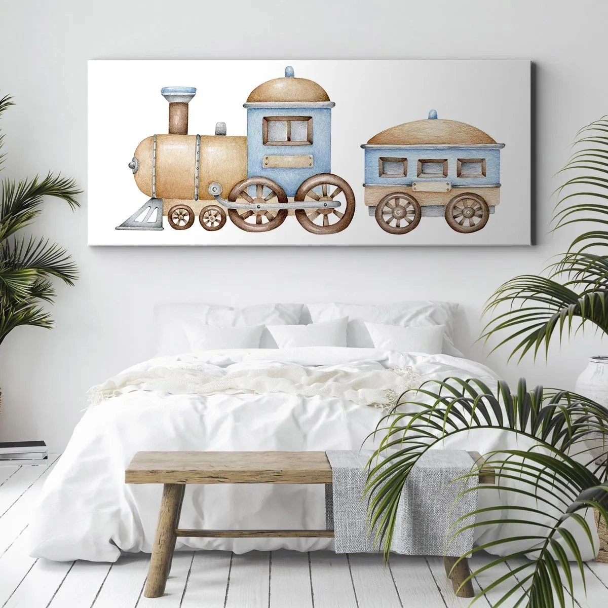 Quadro su tela - Stampe su Tela - Disegno di un treno in tonalità pastello su sfondo bianco - 120x50cm - Fermo alla stazione... - Decorazione murale moderna per soggiorno e camera da letto ARTTOR