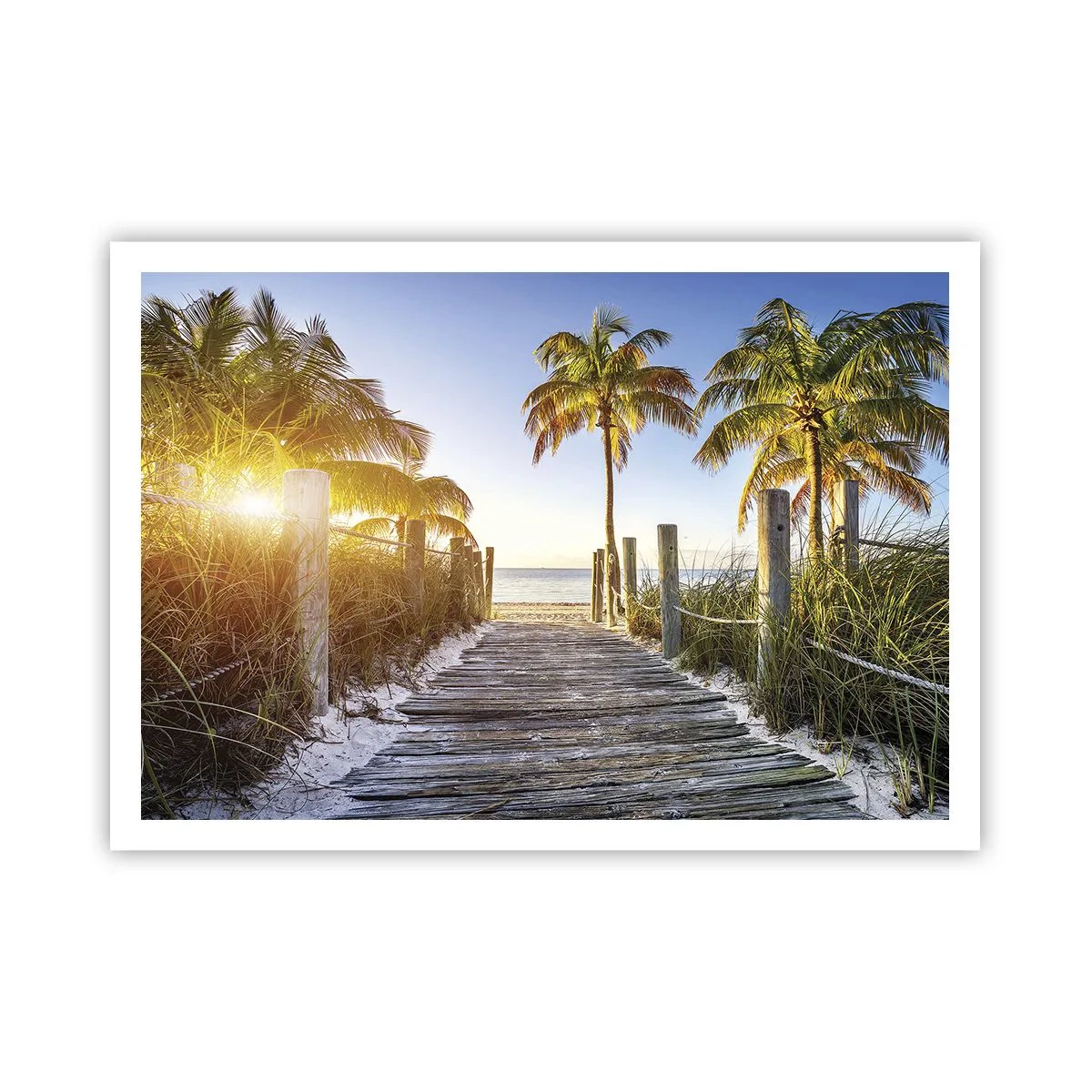 Poster - Sentiero in legno sulla spiaggia con palme sullo sfondo - 100x70cm - Dritto in paradiso - Decorazione murale moderna per soggiorno e camera da letto ARTTOR