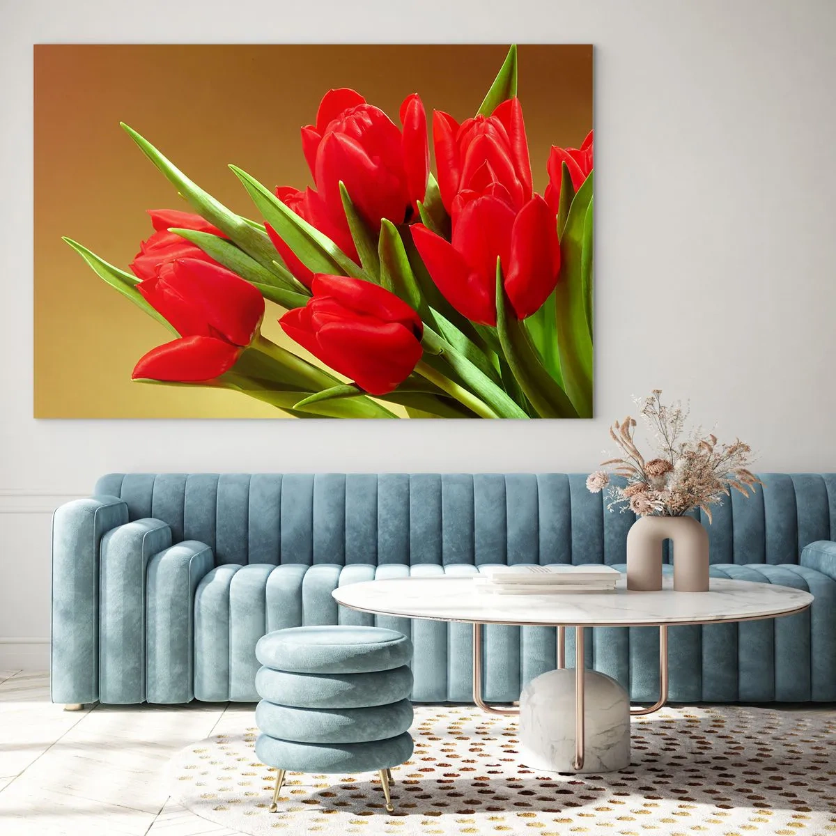 Quadro su vetro - Un mazzo di tulipani rossi su sfondo dorato - 100x70cm - Un mazzo di gioia primaverile - Decorazione murale moderna per soggiorno e camera da letto ARTTOR