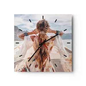 Orologio da parete - Orologio in Vetro - Donna su una barca con vista sulle montagne e sull'acqua, stile boho - 30x30cm - In cammino verso la felicità - Decorazione murale moderna per soggiorno e camera da letto ARTTOR