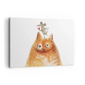 Quadro su tela - Stampe su Tela - Un disegno di un gatto con un topo sulla testa che tiene un cuore - 120x80cm - I paradossi dell'amore - Decorazione murale moderna per soggiorno e camera da letto ARTTOR