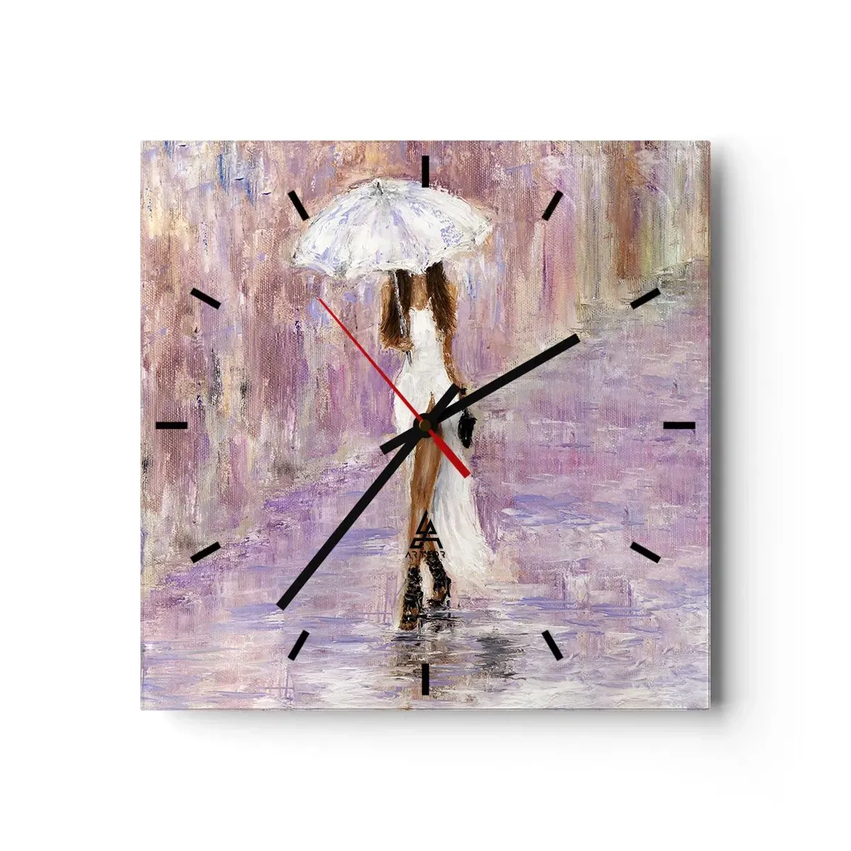 Orologio da parete - Orologio in Vetro - Una donna con un ombrello che cammina sotto la pioggia nei toni del lilla - 30x30cm - Nella pioggia lilla - Decorazione murale moderna per soggiorno e camera da letto ARTTOR