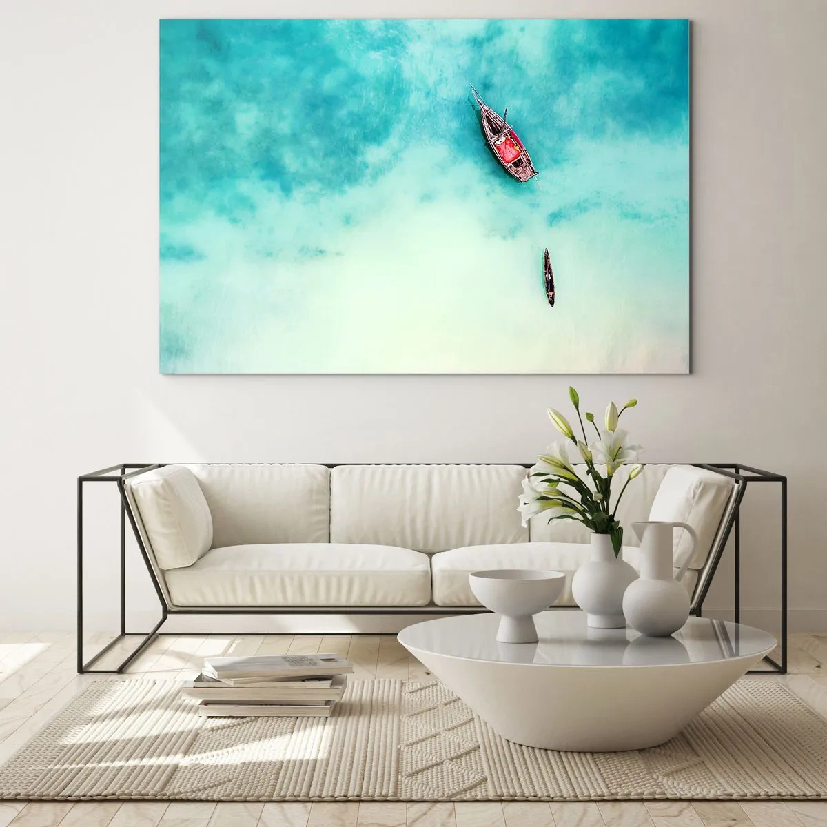 Quadro su vetro - Barche su acque azzurre in un ambiente tranquillo - 120x80cm - Nelle spiagge di Zanzibar, quando c'è troppa acqua... - Decorazione murale moderna per soggiorno e camera da letto ARTTOR