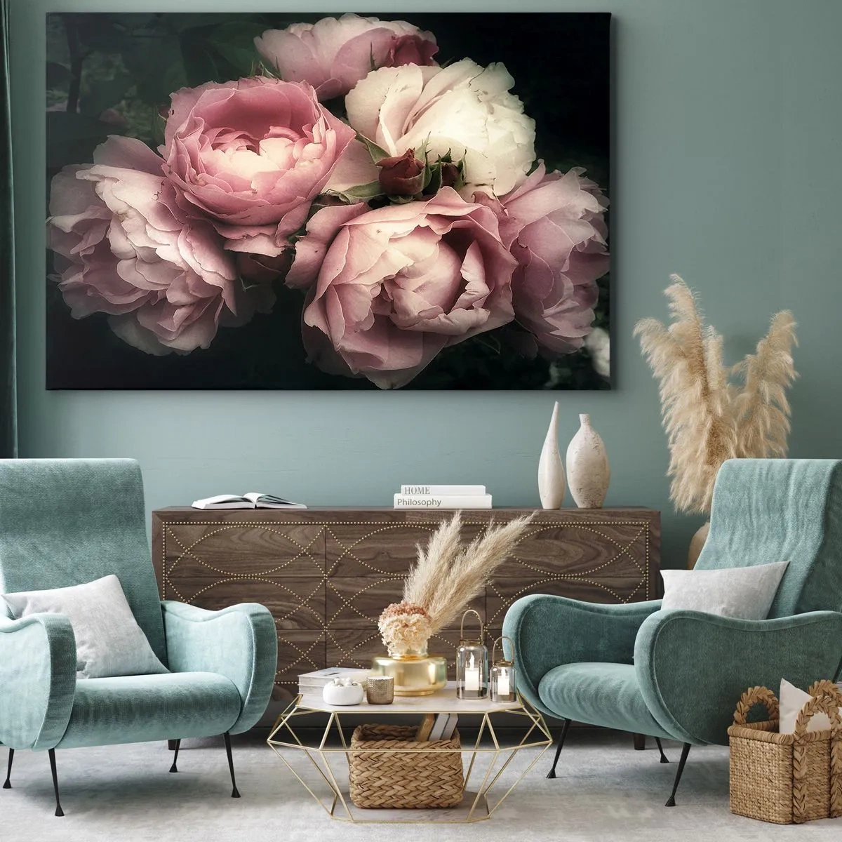 Quadro su tela - Stampe su Tela - Un bouquet di rose nelle delicate tonalità del rosa e del bianco - 70x50cm - Il fascino della Belle Époque - Decorazione murale moderna per soggiorno e camera da letto ARTTOR