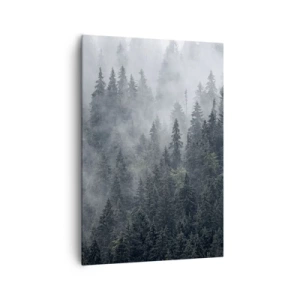 Quadro su tela - Stampe su Tela - Foresta di conifere nebbiosa nei toni del grigio e del verde - 70x100cm - Alba nel bosco - Decorazione murale moderna per soggiorno e camera da letto ARTTOR
