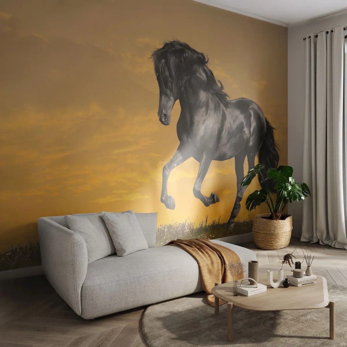 Fotomurali Premium Sand - Un cavallo nero galoppa contro un cielo dorato al tramonto. - 100x70cm - Bello, libero e selvaggio - Decorazione murale moderna per soggiorno e camera da letto ARTTOR