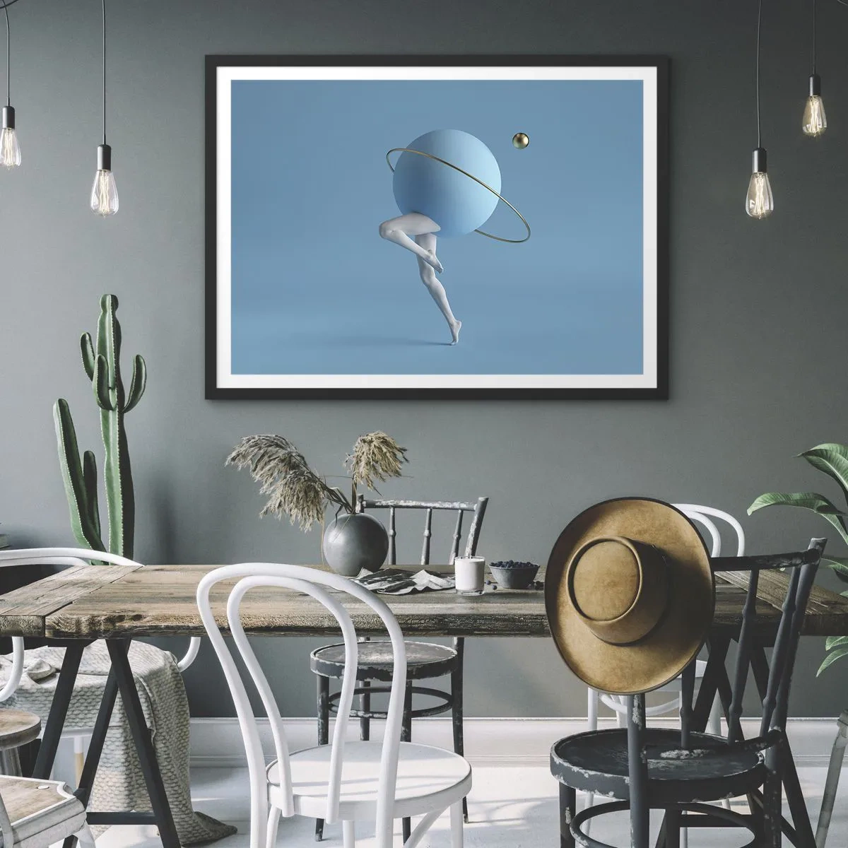 Poster in cornice nera - Una sfera blu con un'orbita e gambe umane contro il cielo - 100x70cm - E i pianeti folleggiano - Decorazione murale moderna per soggiorno e camera da letto ARTTOR