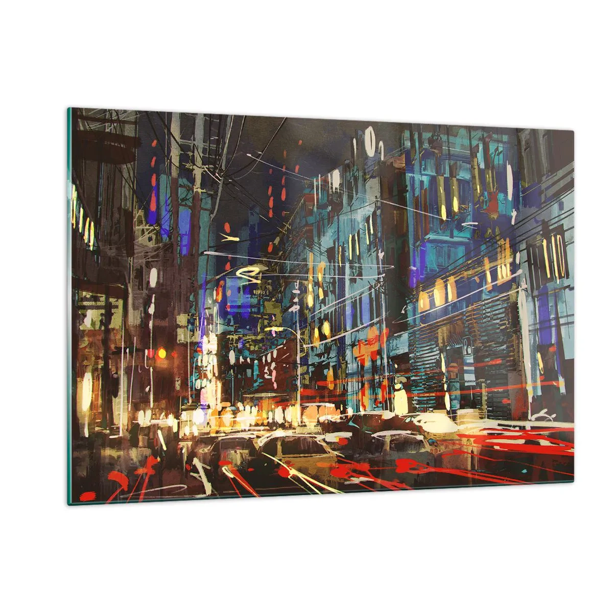 Quadro su vetro - Strada cittadina serale con luci al neon e traffico - 120x80cm - Frastuono serale della strada - Decorazione murale moderna per soggiorno e camera da letto ARTTOR