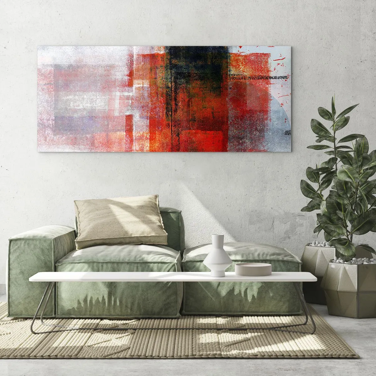 Quadro su vetro - Composizione geometrica astratta con accenti rossi e arancioni - 140x50cm - Composizione arroventata - Decorazione murale moderna per soggiorno e camera da letto ARTTOR