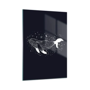 Quadro su vetro - Silhouette bianca grafica di una balena che fluttua nello spazio - 50x70cm - Nell'oceano dell'universo - Decorazione murale moderna per soggiorno e camera da letto ARTTOR