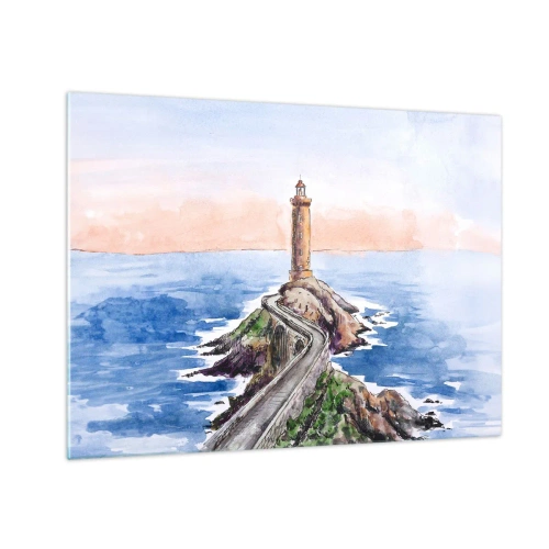 Quadro su vetro - Un faro su un promontorio roccioso circondato da un mare calmo - 70x50cm - Rivolto verso il mare - Decorazione murale moderna per soggiorno e camera da letto ARTTOR
