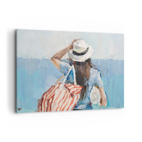 Quadro su tela - Stampe su Tela - Una donna con un cappello contro il mare blu - 120x80cm - Benvenuti in vacanza - Decorazione murale moderna per soggiorno e camera da letto ARTTOR